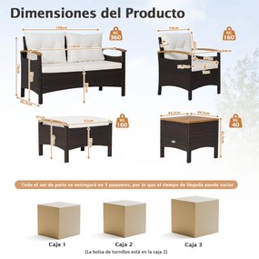 Conjunto de jardim de 7 peças em rattan com almofadas 2 Pufes e 2 mesas Tampo da mesa e apoios de braços Castanho misto e Branco