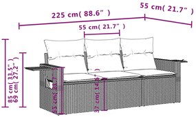 3 pcs conjunto sofás de jardim com almofadões vime PE preto