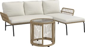Outsunny Conjunto de Móveis de Jardim em Vime com Sofá de 2 Lugares Chaise Longue Almofadas e Mesa Auxiliar Creme e Madeira | Aosom Portugal