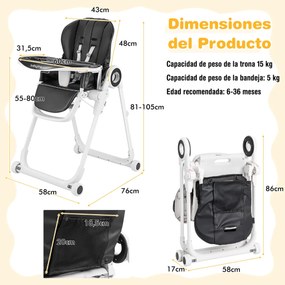 Cadeira de Refeição para Bebés 6 Alturas Ajustáveis com Bandeja Dupla Removível 3 Posições Ajustáveis Preto
