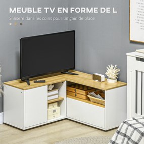 Móvel de TV de canto, para televisores até 40 polegadas, com arrumação, em acabamento de madeira clara e branco