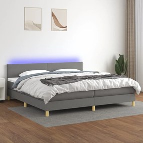 Cama box spring c/ colchão e LED 200x200 cm tecido cinza-escuro