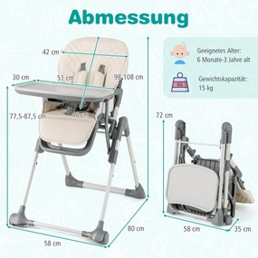 Cadeira alta Refeição dobrável para bebés e crianças pequenas ajustável com apoio para os pés Almofada de assento em PU fácil de limpar Bege