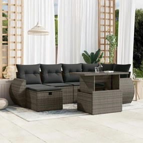 7 pcs conjunto sofás p/ jardim c/ almofadões vime PE cinzento