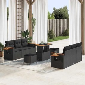Conjunto de Sofá de Jardim de 9 Peças vidaXL com Almofadas Rattan Polipropileno Preto Acácia