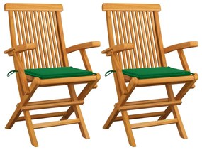 Cadeiras de jardim c/ almofadões verdes 2 pcs teca maciça