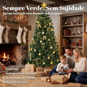 Árvore de Natal Decorativa 180 cm com 240 LED, 755 Pontas Ignífugas, Estrela, 30 Bolas, 18 Laços e Decoração Dourada, Verde