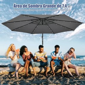 Guarda-sol de 3m com pega 32 luzes LED Painel solar com base de saco de areia pátio jardim piscina Cinzento