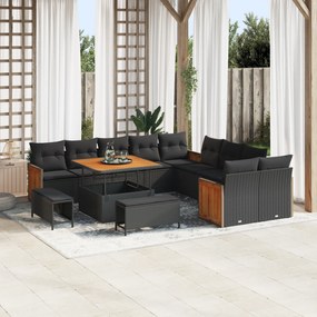 Conjunto de Sofás de Jardim de 13 Peças com Almofadas Preto Polyrattan