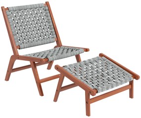 Outsunny Cadeira de Jardim com Apoio para Pés Cadeira de Relaxamento em Madeira de Acácia e Corda de Ratã Natural Cinza | Aosom Portugal