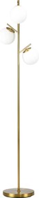 Candeeiro de pé para sala de estar em metal com 3 abajures esféricos brancos em vidro fosco, 40 W, Ø 27 x 169 cm (altura), acabamento dourado