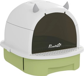 PawHut Caixa de Areia para Gatos Fechada com Tampa e Bandeja Amovíveis Filtro de Carvão e Pá 40,5x52x39 cm Branco e Verde | Aosom Portugal