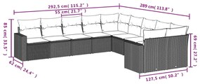 10 pcs conjunto sofás p/ jardim c/ almofadões vime PE cinzento