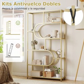 Estante de 8 prateleiras abertas 95 x 30 x 175 cm Design em forma de U Estrutura metálica Branca e Dourada