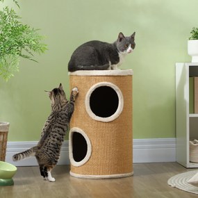 Barril Arranhador para Gatos de 2 Andares Arranhador para Gatos com 2 Cavernas e Cobertura de Sisal Ø35x60 cm Castanho