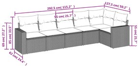 6 pcs conjunto de sofás jardim c/ almofadões vime PE castanho