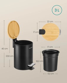 Caixote de lixo para casa de banho com tampa e pedal silencioso, 3 litros, preto
