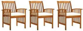 Cadeiras de jantar p/ jardim 3 pcs c/ almofadões acácia maciça