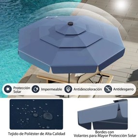 Guarda-sol solar de 300 cm com 32 luzes LED, parte superior ventilada com 3 níveis e ajuste de inclinação Azul marinho