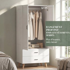 Guarda Roupa com 2 portas 80 x 54 x 180 cm com fecho suave, 2 gavetas e barra para pendurar roupa, branco