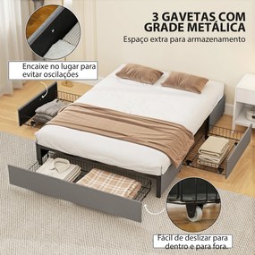 Cama de Casal 140x190 cm (COLCHÃO NÃO INCLUIDO) com Estrado com 3 Gavetas e Estrutura Metálica Suporta 363 kg Cinzento