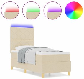 Cama Box Spring com Colchão &amp; LED Creme 80x200 cm Tecido