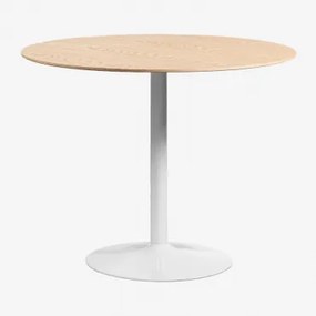 Mesa De Jantar Redonda Em Mdf E Ferro Yvetta Branco & Ø90 Cm & Castanho Roble - Sklum