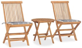 3 pcs conj. jantar dobrável exterior c/ almofadão teca maciça