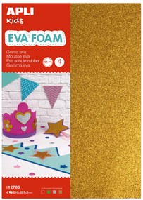 Folhas EVA com purpurinas APLI, 210 x 297 x 2 mm. Pack com 4 unidades em cores sortidas: branco, preto, rosa ou azul.