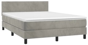 Cama box spring c/ colchão/LED 140x200 cm veludo cinzento-claro