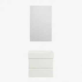 Conjunto De Móvel De Casa De Banho Em Madeira E Chapa De Freixo Com Lavatório Integrado Ona Branco & Retangular Led E Anti-embaciamento - Sklum