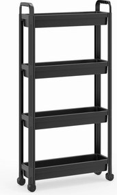 Carrinho estreito de 4 níveis com rodas e pegas 54 × 18,5 × 103 cm Organizador móvel para cozinha, casa de banho, lavandaria e escritório Preto