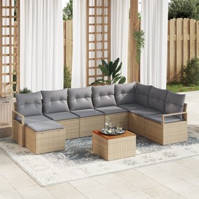 Conjunto de Sofá de Jardim de 9 Peças com Almofadas Bege Vime PE Acácia