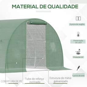 Estufa Tipo Túnel 4,5x3x2 m com Paredes Laterais Enroláveis 6 Janelas de Malha e Porta Enrolável com Fecho de Correr Verde