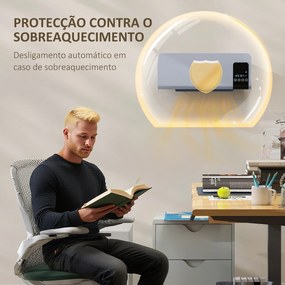 Aquecedor Elétrico de Parede 1000W/2000W com Ecrã LED Controlo Remoto Termostato Temporizador para Áreas de 15-20 m² 54,5x12x21,5 cm Cinzento