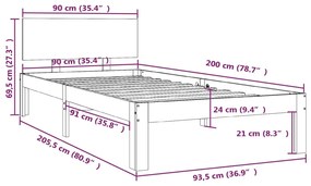 Estrutura de cama 90 x 200 cm madeira de pinho maciça