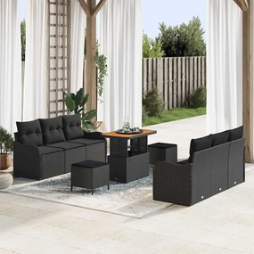 Conjunto de Sofá Jardim vidaXL de 9 Peças com Almofadas Preto Rattan Sintético Acácia