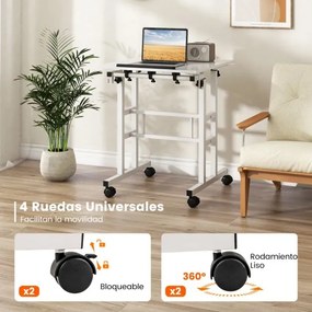 Secretária de pé para computador 60 x 30 x 72-124 cm com rodas Altura ajustável Tampo dividido e ângulo ajustável 2 ganchos Branco
