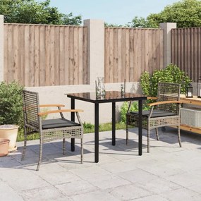 3 pcs conjunto de jantar p/ jardim c/ almofadões vime PE cinza