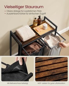 Cesto para roupa suja 2 x 46 litros com prateleira 73 x 33 x 72 cm preto + cinzento + castanho vintage