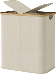 Cesto de roupa suja dobrável de dupla camada, 80 L, 54 x 34 x 58,5 cm com tampa e pegas ranhuradas, bege