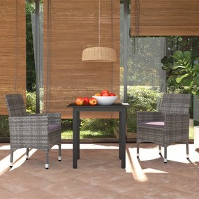 3 pcs conjunto de jantar p/ jardim c/ almofadões vime PE cinza