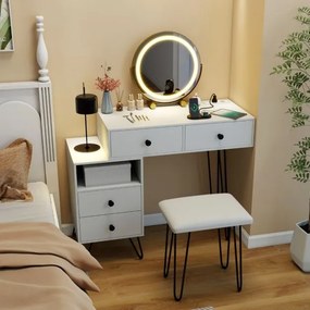 Toucador com banco e espelho e luzes moderno 98 x 40 x 120 cm com estação de carregamento Espelho giratório 4 gavetas deslizantes Branco