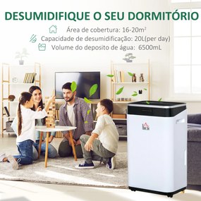HOMCOM Desumidificador Elétrico 6,5L 20L/Dia com 3 Modos 2 Velocidades Tela LED Luzes Indicadoras Temporizador e Rodas Silencioso para Casa 34x24x57cm Branco