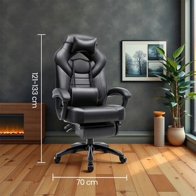 Cadeira ergonómica gaming com apoio para os pés, para escritório 70 x 70 x (122-134) cm, almofadas ajustáveis para a cabeça e a região lombar Preta