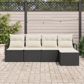 Conjunto de Sofá de Jardim de 5 Peças com Almofadas Preto Polirattan