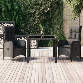 vidaXL 3 pcs conjunto de jantar p/ jardim c/ almofadões vime PE preto