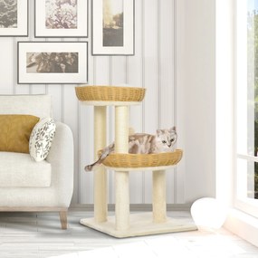 Arranhador para gatos com 75,5 cm de altura, com duas camas para gatos em rattan, arranhadores e almofadas laváveis em bege