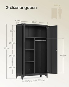 Armário arrumação multifuncional com 2 portas e 5 compartimentos, 80 x 40 x 165 cm, preto mate