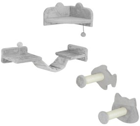 Conjunto de Prateleiras de Escalada para Gatos de 4 Peças com 2 Postes de Sisal e Plataforma para Saltar Cinzento